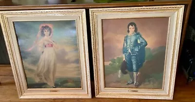 VINTAGE Blue Boy & Pinkie Lithos Picture Art Print Framed Wood Frame • $125