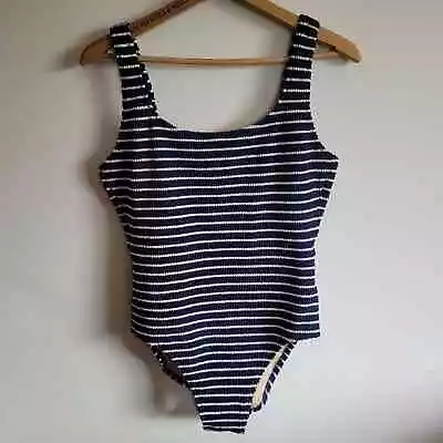 J. Crew One Piece Gauze Like Swimsuit Low Back Blue White Stripe Large 12 • $21.99