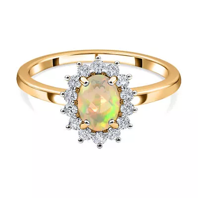 TJC Opal Halo Ring In 18K Vermeil Yellow Gold Plated Silver Wt. 1.5 Grams • £25.99