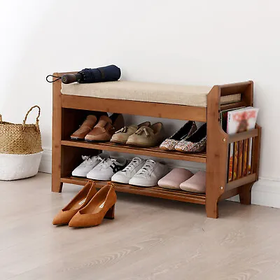 2-Tier Modern Bamboo Shoe Bench Vintage Shoe Rack Organizer With Drawer & Basket • $65.55