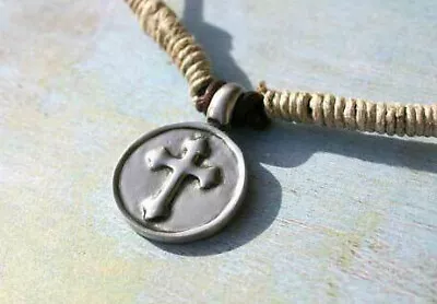 Leather Surfer Necklace With Pewter Cross Pendant And Hemp • $18.99