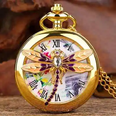 Dragonfly Roman Numeral Pocket Watch Golden Round Quartz Watch Pendant Accessory • $25.98