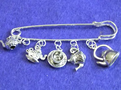 Silver Teapot/cup Theme Brooch-pin With 5x Silver Charms New-80mm Large Pin- • £3.49