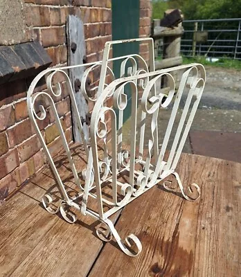 70's Mid Century Wrought Iron Paper Magazine Rack Upcycle Retro Heavy White • £24.99