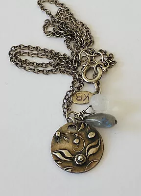 Vintage Sterling Silver Labradorite Moonstone Friends Etched Pendant Necklace • $29.99