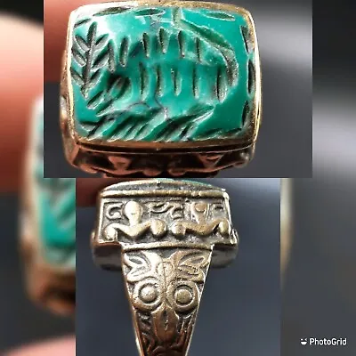 Beautiful Vintage Afghan Old Malachite Stone Intaglio Old Brass Seal Ring  • $22