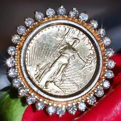1/10 American Eagle $5 Gold Coin 1.00ct Diamond 14k Yellow Gold Sz 7 Ring 8.25gr • $3750