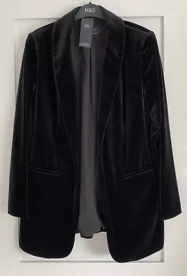 M&S Black Velvet Jacket Blazer Relaxed Single Breasted Straight Sleeve Size 14 • £38.95