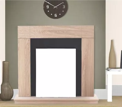 Electric Fire Oak Black Wooden Fireplace Surround Hearth And Back Panel Bnib • £164.50