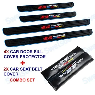 Rubber Car Door Scuff Sill Panel Step Protector Blue 4PCS MUGEN +Seat Belt Cover • $18.99