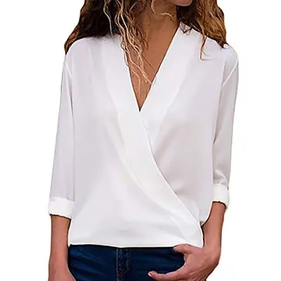 Women V-neck Short Sleeve Zipper Loose Blouse Chiffon Tops Summer T-Shirt Casual • $11.39