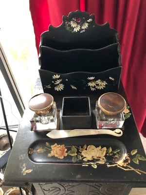 £38 • Buy Victorian Papier Mache Antique Desk Inkwell Stand And Letter Rack.