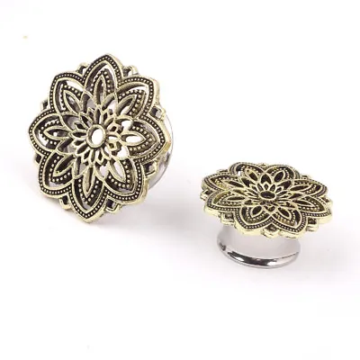 BRONZE SILVER LOTUS FLOWER Metal Ear Flesh Tunnels Piercing Stretcher TU113 • $9.15