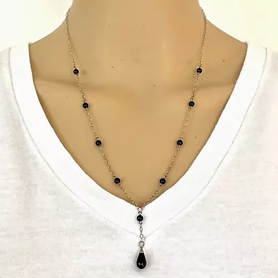 Vintage Sterling Silver Black Onyx Y Drop Station Necklace Beaded Rosary Link • $39.84