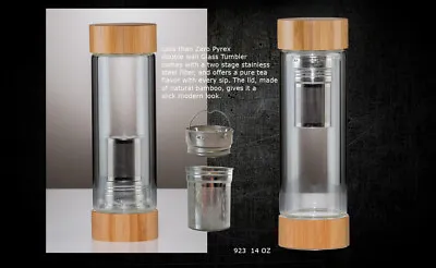 Tryeh Double-Wall Glass Travel Tumbler W/Removable Infuser Bamboo Lid. • $32