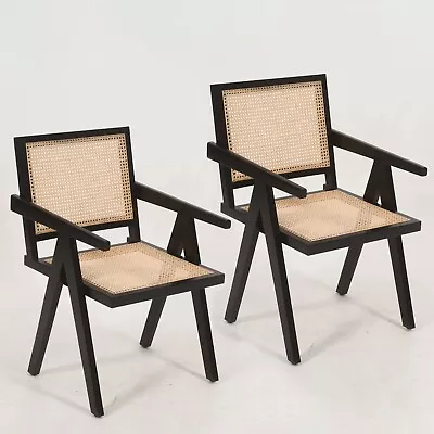 2x Wooden Dining Chairs Black Solid Acacia Wood Legs Beige Natural Woven Cane • £279.95