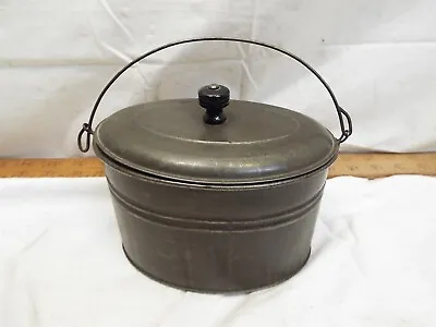 Antique Oval Tin Metal Lunch Pail Mining Bucket School Box Bucket Lid Wood Knob • $79.99
