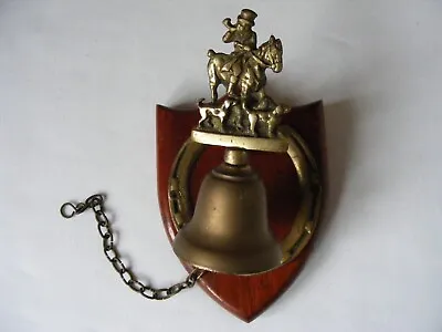 Vintage Antique Brass Hunting Horse & Dogs Bell Wall Hanging On Wooden Base • £19.99