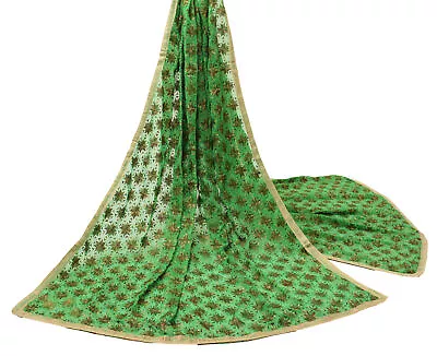 Sushila Vintage Green Dupatta Blend Chiffon Silk Phulkari Long Stole Scarves • $27.99