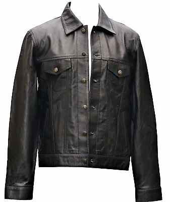 Black Western Trucker Leather Jacket Sheep Leather Denim Jacket Style B34J • $99.99