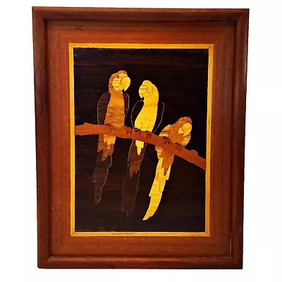 Vintage Marquetry Parrots On A Branch Polynesian Hawaiian Tiki Framed Wood Art • $64.95