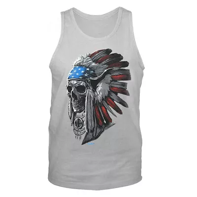 Patriotic Chief Skull Native American Headdress US Flag Graphic Tank Top • $13.87