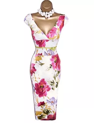 Karen Millen UK 10 (US 6) GORGEOUS RARE VINTAGE IVORY PINK FLORAL PENCIL DRESS • £69.99