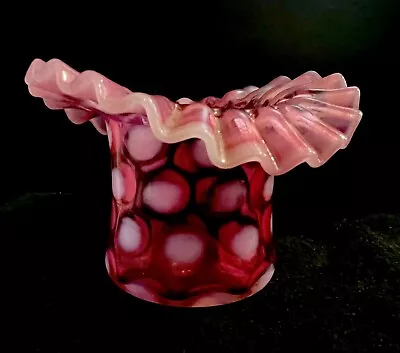 Vintage Fenton Cranberry Coin Dot Top Hat Vase Ruffled Pink And White Unmarked • $40