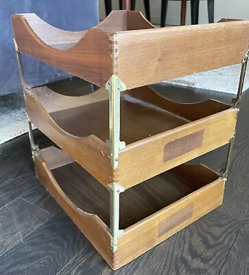 Vintage Wooden Three-Tier Paper Desk Tray Trays Brass Stackable In & Out 14” • $49.99