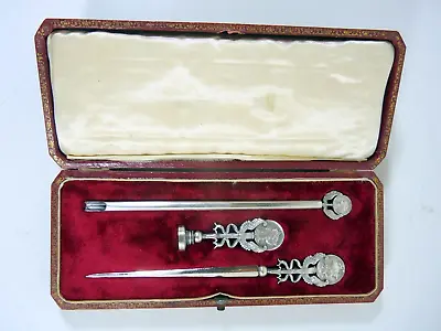 Antique French Marianne Carved Metal Silver ? Writing Desk Doctor Pen Set 3 Pcs. • $499.99