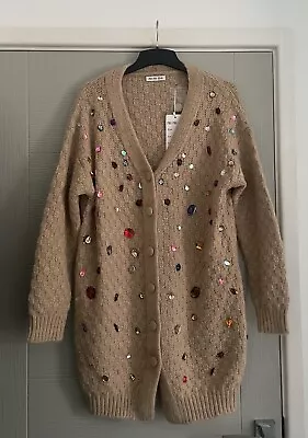 Camel Tan Brown Multicolour Gems Long Knitted Cardigan Top Size 12 14 16 BNWT • £20