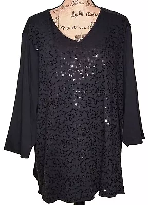 Quacker Factory Womens Size 3X Sequined V-Neck Top Cotton 3/4 Sleeve Black Tee • $17.50
