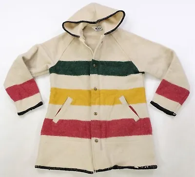 Rare VTG WOOLRICH Hudson Bay 3 Point Striped Blanket Hooded Jacket Coat 90s SZ M • $149.99