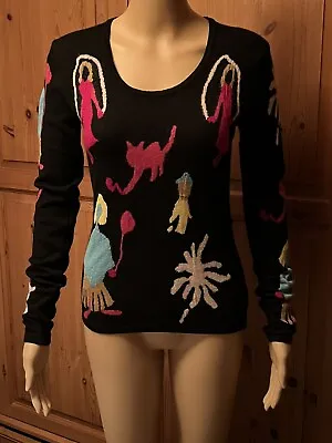 Vintage CACHAREL 100% Merino Wool Black/Multicol Picture Knit Jumper Sz S *VGC* • £16.99