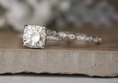 2.30ct White Cushion Cut CZ Vintage Engagement Wedding Ring Set 925 Silver • $101.15