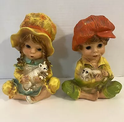 Universal Statuary VTG 1974 Boy & Girl 10” Statues Hippie Boho Dog Cat 1970s • $44.99