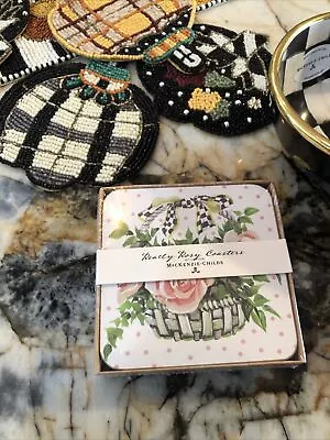 Mackenzie-Childs REALLY ROSY COURTLY CHECK CORK BACK COASTERS. NIP • $49