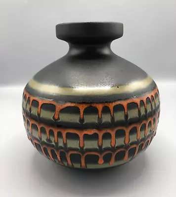 Art Pottery Vase Drip Glaze Mid Century Modern Black Green Orange Vintage • $79.95