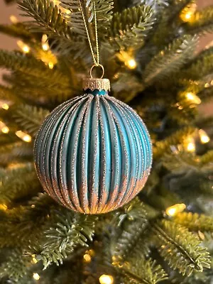 £13.99 • Buy Gisela Graham Set Of 3 Turq Gold Ribbed Glass Christmas Tree Bauble Ornament 