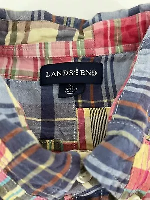 Lands' End Patchwork Multi Plaid Madras Button Short Sleeve Shirt Men’s Size XL • $19.95