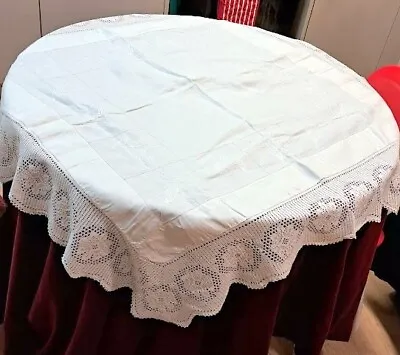 Beautiful Vintage Table Cover-gorgeous Lace-white Linen-embroidery-44  Square • £24.50