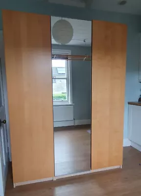 IKEA Three Door Pax Wardrobe Oak Effect Mirror Door Shelves And Wooden Drawers • £120