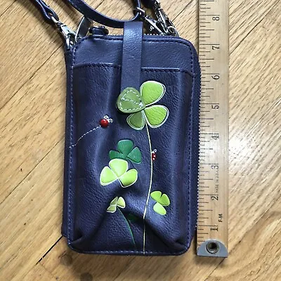 ESPE Vegan Leather Ladies Crossbody Phone Wallet Purple W/Shamrocks & Ladybugs • $24.99