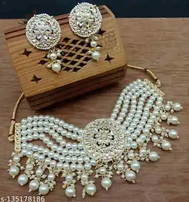 $24.99 • Buy Indian Bollywood Kundan Choker Pearl Gold Plated Bridal Jewelry Necklace Set