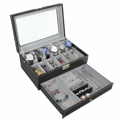 12 Slots PU Leather Watch Case Watch Box Organizer Jewelry Display Drawer Mens • $29.99