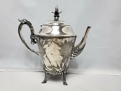 Vintage Meridan Brittania 1881 Silverplate Teapot Etched Leaves Indian Head • $99.99