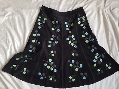 LAURA ASHLEY 12 UK W30 L25 Black Needlecord Skirt Leaf Embroiderd Boho Chick... • £8