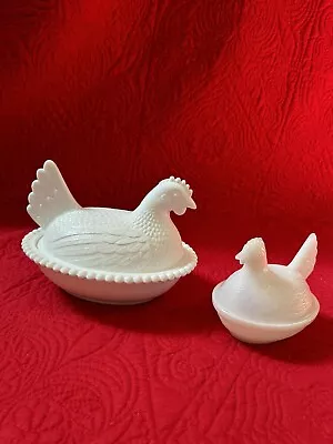 Vintage White Milk Glass Nesting Rooster Chicken Hen On Nest Dish Set Of 2 • $12.50