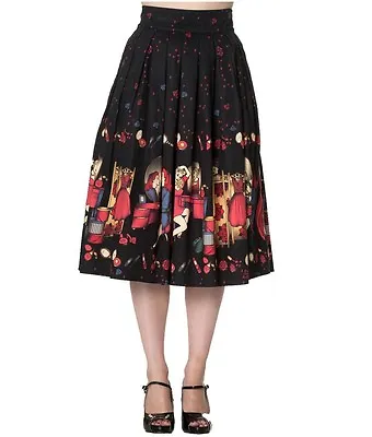 Black CIRCLE SKIRT Size 10 8 Swing Style Rockabilly - Sailor Jerry Retro BANNED • £34.97