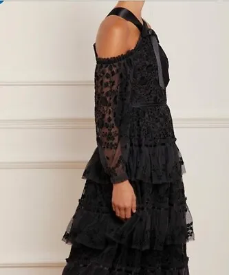 Needle & Thread Designer Black Evening Dress SIZE 16 Midaxi Midi/long Sleeve • £199